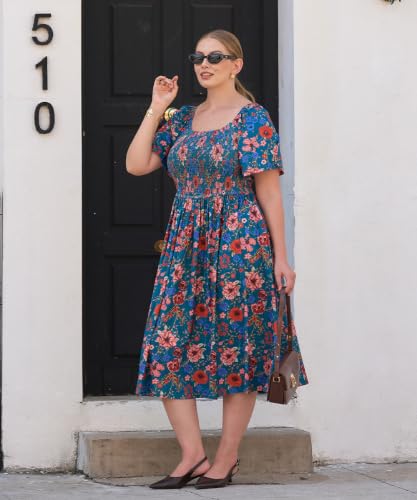 Image of RITERA Plus Size Dresses for Curvy Women Square Neck Short Sleeve Summer Floral Smocked Maxi Dress with Pocket XL-5XL