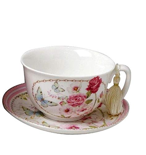 Lightahead Bone China Cappuccino Coffee Tea Cup and Saucer Set in attractive gift box in pretty pink Floral design 10 oz