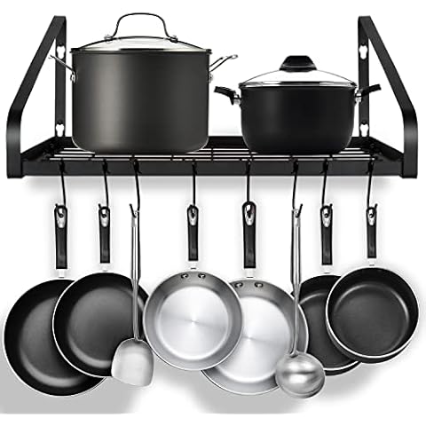 G-TING Hanging Pot Rack, Pot and Pan Organizer Wall Mounted Pots Holder Kitchen Storage Shelf with 8 Hooks, Ideal for Pans Set, Utensils, Cookware, Books, Household, Black, 2 DIY Methods Cover