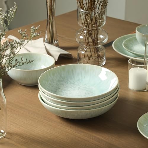 Image of Stone Lain Riley 4-Piece Pasta Bowl Set Stoneware, Bowls, Dishwasher and Microwave Safe, Dish Set for 4, Seafoam