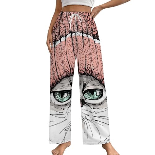 Pantalon de pyjama chat mignon en colère pour femme, bas de nuit douillet avec poches