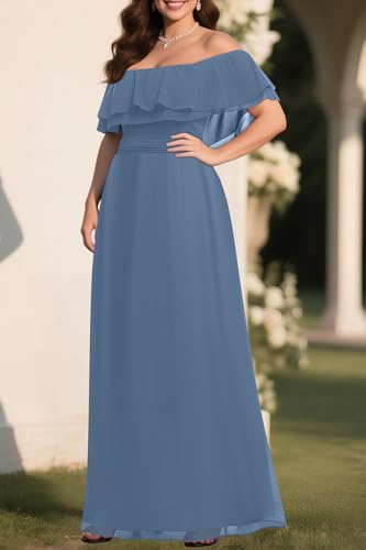 Image of Pinup Fashion Plus Size Formal Bridesmaid Wedding Guest Chiffon Long Dress | Chiffon, off-the-shoulder neckline, layered ruffles, ruched elastic waist, floor-length, evening party, wedding guest