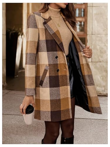 SOLY HUX Women's Plaid Jacket Lapel Double Breasted Long Sleeve Casual Coat with Pockets3