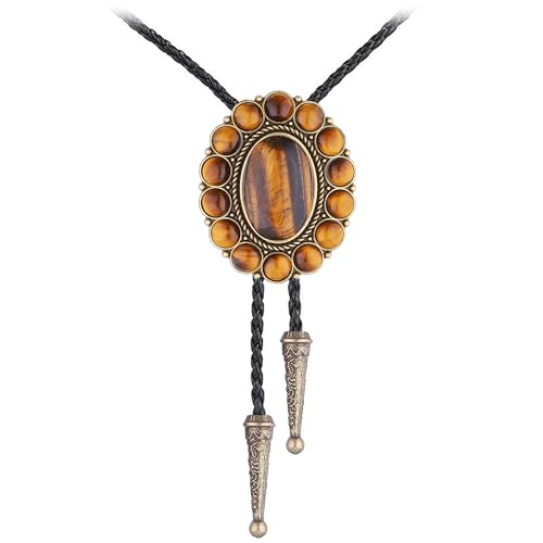 Image of GelConnie Bolo Tie for Men Women Western Cowboy Turquoise Leather Necktie | Natural Stone Bolo Tie Necklace for Women Rodeo Cowboy Leather Necktie Native American Western Cowgirl Ties Adjustable Cord