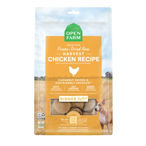 Open Farm, Freeze Dried Raw Dog Food, Patties with 95% Meat, Organs & Bone, Complete Meal or Freeze Dried Dog Food Mixer, Chicken Recipe, 10.5oz Bag