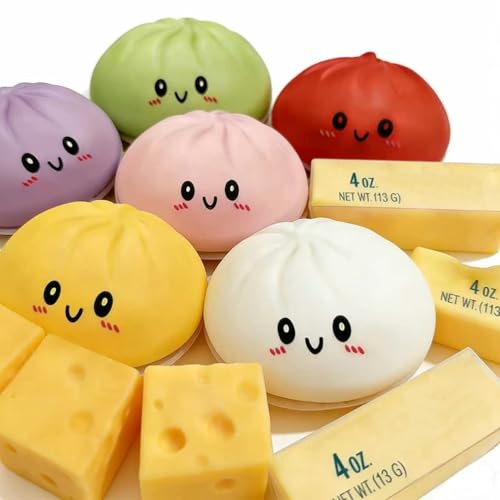 6 Pack Random Color Food Squishy Toys Set Butter Dumpling Cheese Slow Rising Squeeze Fidget Toys Soft Stretchy Sensory Stress Relief Toys for Anxiety Novelty Food Squishies for Kids Adults