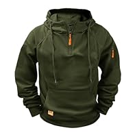 Mens Zip Up Hoodie Cargo Quarter Zip Pullover Vintage Workout Running Hoodies with Pockets Tactical Sweatshirts Army Green