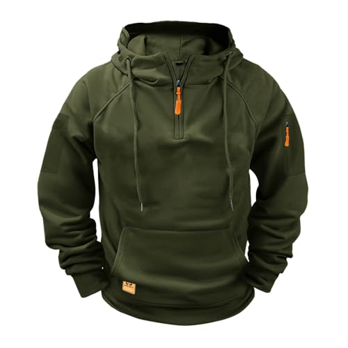 AMhomely Felpe tattiche da uomo, stile militare, con cerniera a 1/4, con tasca sul braccio, stile casual, per allenamento, sport, attività all'aperto, palestra, Verde militare, L