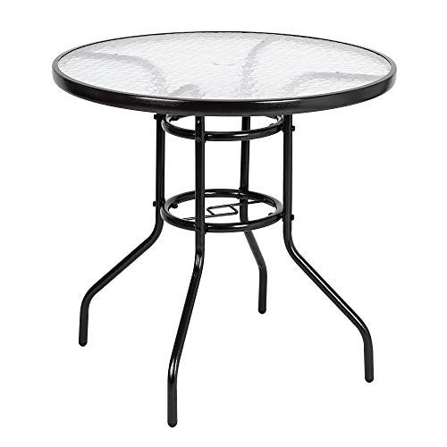 VINGLI Round Patio Table with Umbrella Hole, 32" Outdoor Dining Table Steel Tempered Glass Patio Tables Round Outdoor Tables for Balcony Garden Deck