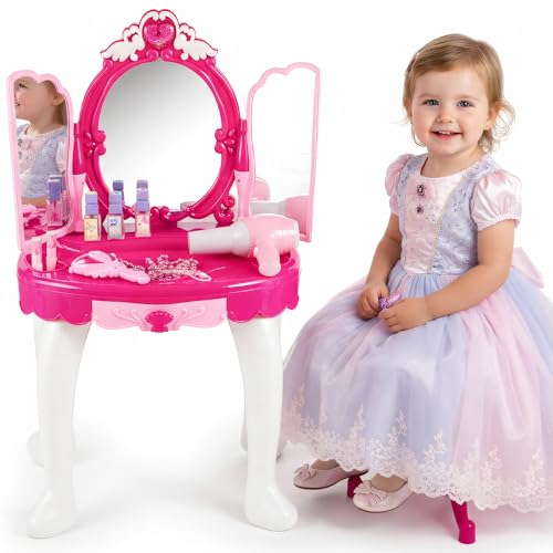 Kinderplay Tocador Niña Rosa con Varita Mágica - Tocador de Maquillaje Niña, Tocador Infantil con Conexión MP3, con Accesorios Espejo con Luz para Niños, KP8846