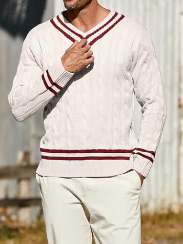 Makkrom Mens V Neck Pullover Sweaters Ribbed Knitted Cable Slim Fit Pullovers Top2