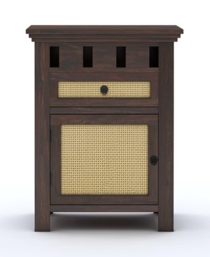 Image of Sheesham Wood Bedside Table for Bedroom Living Room Home Office with 1 Drawer and Cabinet Storage Solid Wood Table Furniture | End Table | Nightstand | Sofa Side Table (Walnut Finish)