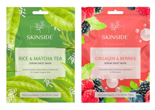SkinSide Serum Sheet Mask for Glowing Skin with Hyaluronic Acid | Face Mask Sheets Combo for | Hydrating | Tan & Blackheads Removal | Instant Brightening | Pore Reduction | Fairness | Skin Tightening (2, Rice & Matcha Tea | Collagen & Berries)