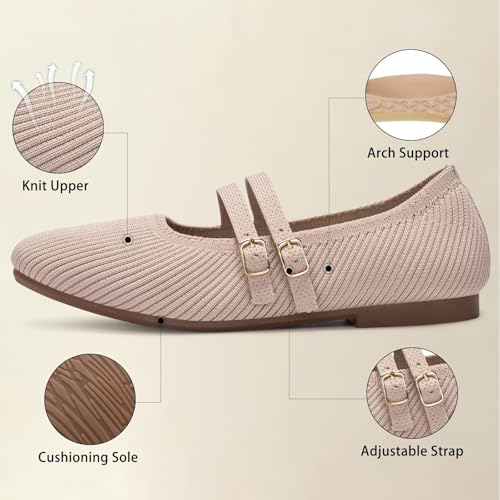 Image of Frank Mully Women's Flats Square Toe Mary Jane Shoes Ballet Flats with Strap Comfortable Slip On Knit Shoes Dressy Casual