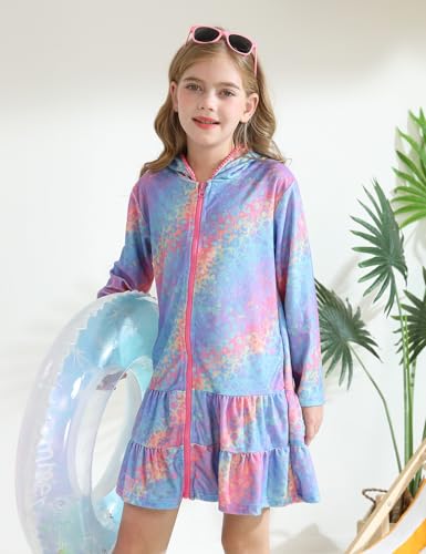Image of Girls Swim Cover Up Kids Long Sleeve Swimsuit Coverup Terry Beach Pool Clothes with Sunglasses