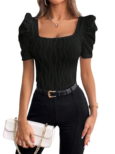 GORGLITTER Women's Puff Short Sleeve Square Neck Top Textured Knitted T Shirt Going Out Tops