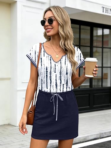 Image of SAUKOLE Women Summer T Shirt Dress Casual Short Sleeve V Neck Dress with Pockets Drawstring Waist Short Dresses