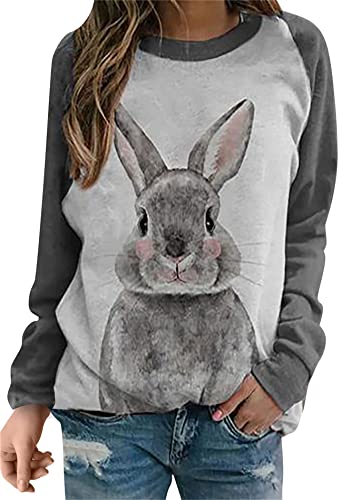 Image of Women's Easter Basic Sweatshirt Crew Neck Long Sleeve Sweatshirt Casual Loose Sweatshirt with Rabbit Print