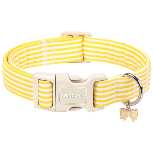 Image of ARING PET Dog Collar for Puppy Small Medium Large Dogs-Yellow Stripe M | Cute Spring Summer Fall Pet Collars with Bow Charm for XS S M L XL Boy Girl Dogs, Daily Wear Outdoor Walk Neighborhood Stroll