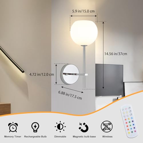 Image of Chrome Battery Operated Wall Sconces Set of 2, Rechargeable Wireless Wall Lights with Milky White Frosted Glass, 12 RGB and 3CCT Dimmable, Wall Lamps with Remote for Bedroom Living Room Hallway