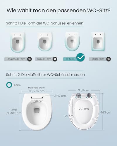 SONGMICS Toilettendeckel, O-Form, WC-Sitz mit Absenkautomatik, Griff, Toilettensitz abnehmbar, Klodeckel einfache Montage, WC-Deckel PP-Kunststoff, bis 300 kg belastbar, weiß BTL001WZ01