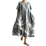 Japanese Art Ink Paint Dress for Women Summer Floral Japanese Art Watercolor Paint High Waist Babydoll High Waist Crew Neck Short Sleeve Casual Wide Hem Hide Belly Long Beach Dress with Pockets