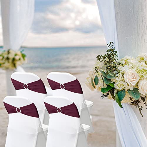 Image of Spandex Chair Sashes Bands, Burgundy, 50PCS | Stretch Chair Ties Bows, With Buckle Slider, For Wedding Party Banquet Decoration