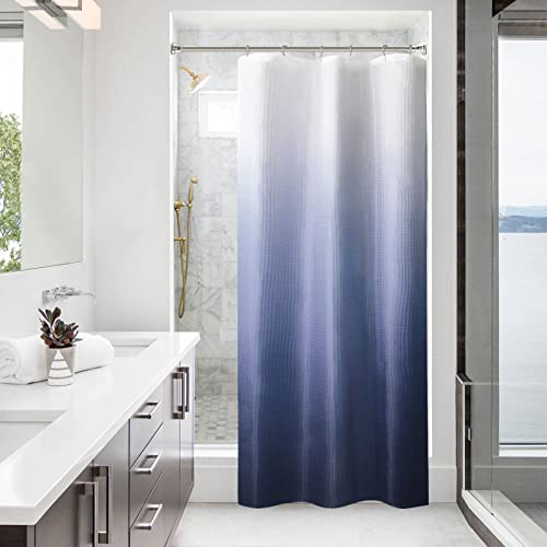 BBiggood Navy Blue Ombre Narrow Shower Curtain Set, 36 x 72 Small Stall Shower Curtain, 36 Inch Waffle Weave Fabric Shower Curtain Set with Metal Hook, Water Repellent