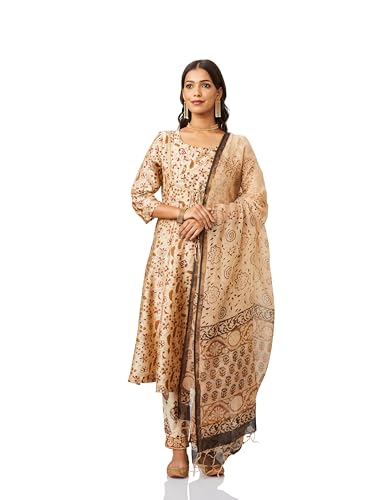 Image of Amazon Brand - Myx Women's Silk Chanderi Handblock Printed Authentic Kurta Set with Dupatta (Anarkali | Bagru Print) (Available in Plus Sizes)