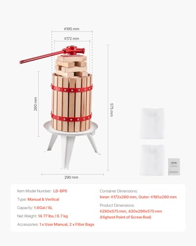 Image of VEVOR 1.6 Gal /6L Fruit Wine Press, Solid Wood Basket with 8 Blocks, Heavy Duty Manual Juice Maker, Cider Apple Grape Tincture Honey Olive Oil Making Press with Handle for Kitchen, Home