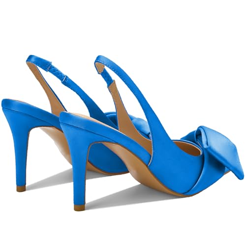 Image of Women's Slingback Heels with Bow Pointed Toe Pumps with Elasticated Strap 3.3 inch High Heels for Evening Dress Shoes