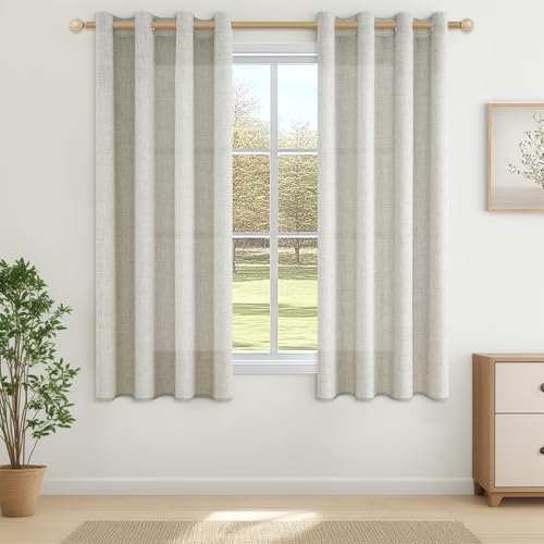 CUTEWIND Cortinas Dormitorio Cortas Lino Natural Rusticas 2 Piezas 140x180 CM, Cortina Visillo Corta Translucida con Ojales para Ventana Salon Comedor Habitacion Cocina