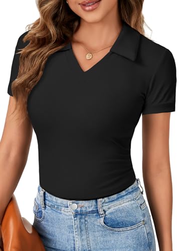 LYANER Women's Short Sleeve V Neck T Shirts Ribbed Knit Slim Fit Tee Top Stripes Collar Polo Shirt