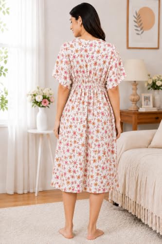 Image of Noty Women's- Kaftan | Maxi | Maternity | Feeding | Delivery Gown- Cotton Fabric- V Neck | Floral Print | 2 Pockets | Midi