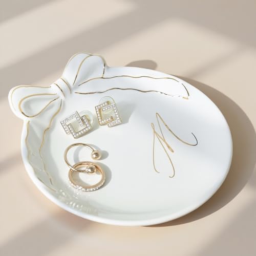 COLLECTIVE HOME Ceramic Jewelry Tray Monogram Trinket Dish with Bow (M)