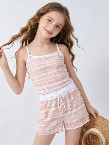Image of Size 7-14Y Girls Clothes 2 Piece Outfits Striped Tank Top Drawstring Shorts Teen Girls Summer Clothing Sets
