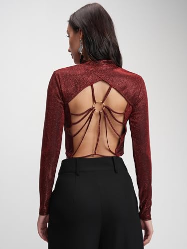 Image of Tokyo Talkies Women's Shimmer High Neck Crop Top | Fitted Full Sleeves | Glamorous & Trendy | Perfect for Parties & Night Out | Tops for Woman | Women Tops | Stylish Top
