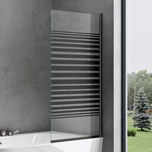 doporro Cortona201MS Designer Shower Screen for Bathtub 80 x 140 cm Black Shower Enclosure ESG Safety Glass in Frosted Glass Stripes Including Nano Coating Folding Bath Screen