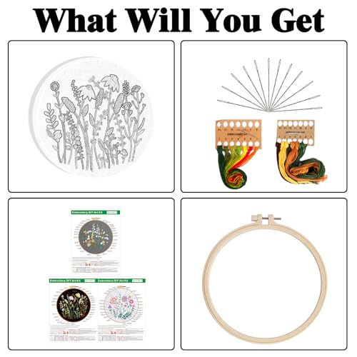 Image of GLTAYLMY 3 Pack Embroidery Starter Kit for Beginners Stamped Cross Stitch Kits with Cute Flowers and Plants Patterns with 1 Embroidery Hoop and Color Threads for Adults