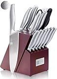 T.J Koch Knife Set Stainless Steel Knives Premium Non-slip Single Piece with Dark Cherry Wooden Block Kitchen Scissors Sharpener Rod 14-piece