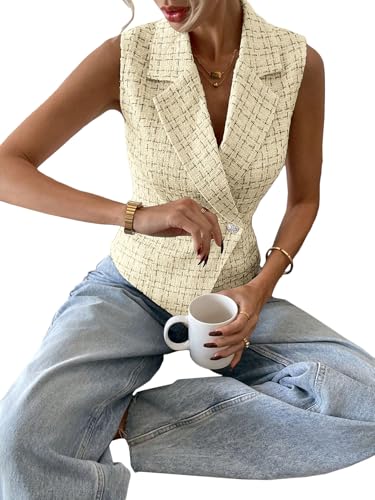 Mina Self 2025 Womens Summer Tweed Plaid Vest Tops Sleeveless Lightweight Crop Double Breasted Work Jacket4