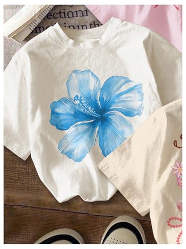 Image of RoseSeek Girl's Shirts 3 Packs Star Butterfly Graphic Tees Crew Neck Short Sleeve T Shirt Casual Tops