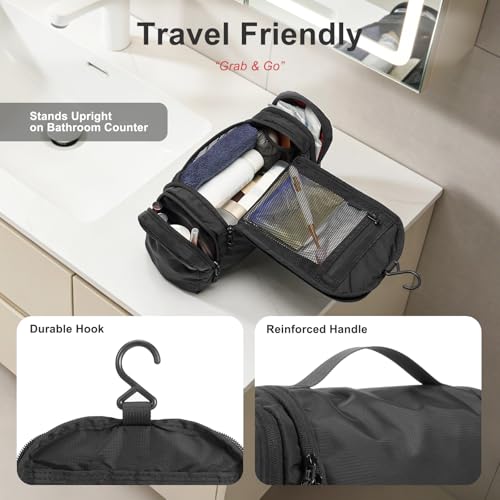 Image of Hanging Toiletry Bag for Men and Women - Water Resistant Nylon Travel Cosmetic Dopp Kit with Multiple Compartments for Toiletries, Grooming Essentials, Makeup and Shaving Gear, Black