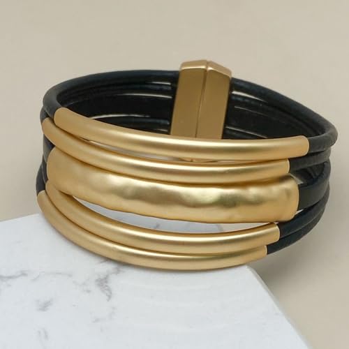 Bracelets for Women Leather Bracelet Multi-Layer Rope Wrap Bangle 14k Gold Plated Circle Hollow Tube Boho Cuff Bangle Bracelets for Women Gift2