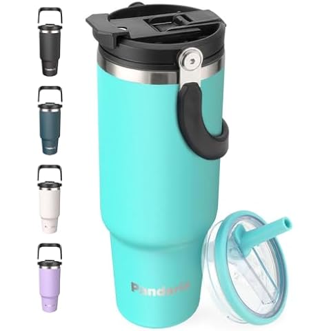 Pandaria 40 oz Tumbler with Handle Leakproof Water Bottles with 2in1 Lid Flip Straw, Stainless Steel Insulated Coffee Travel Mug Keeps Cold for 30 Hours, Double Wall Vacuum Tumbler Fits Car Cup Holder Cover