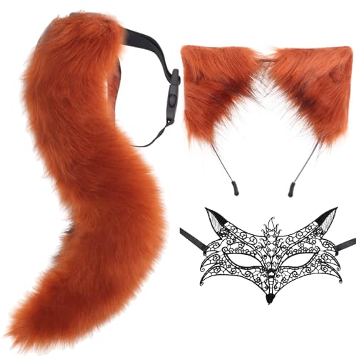 DRESHOW Faux Fur Wolf Tail Cat Ears Headband Lace Masquerade Mask Set Wolf Fox Cosplay Costume Animal Dress Up Fancy Dress Accessories Halloween Role Play Party Costume