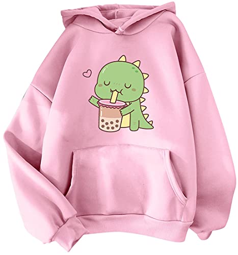 YINGKE Mujer Lindo Dinosaurio Sudadera con Capucha Niñas Anime Sweatshirt Chica Kawaii Jersey Casual Pulóver para Adolescentes (L, Rosa Dinosaur)