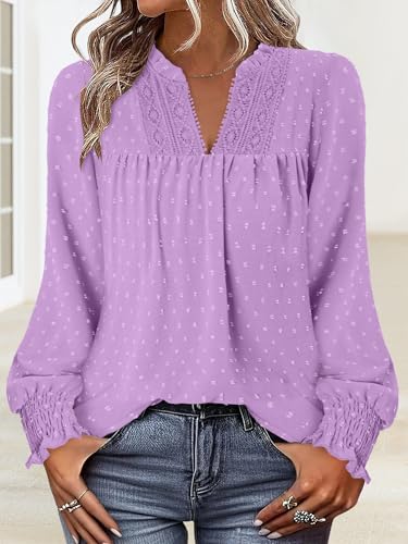BETTE BOUTIK Women Boho Long Sleeve Shirts Dressy Casual V Neck Fall Fashion Tops Swiss Dot Flowy Blouses