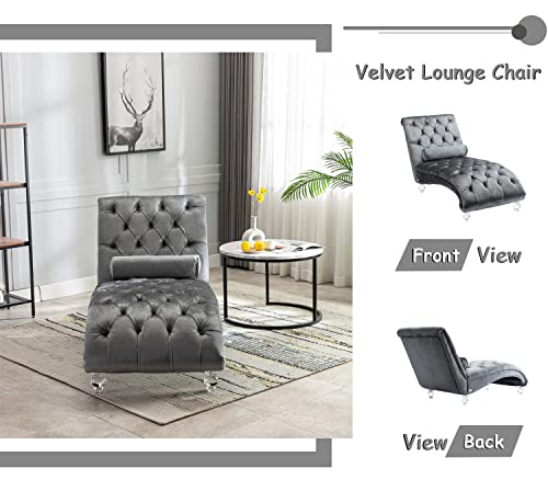 Kinffict Velvet Chaise Lounge Chair With Toss Pillow, Modern Tufted Button Lounge Chair With Acrylic Legs, Upholstered Indoor Sleeper Chair For Living Room, Bedroom, Silver Grey thumb #4