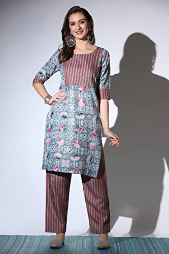 Image of DHRUVI TRENDZ Women's Cotton Blend Fancy Kurta Set | Regular Fit Kurti Sets for Woman | Floral Printed Kurta Sets for Woman Daily Outfits | Cotton Ethnic Traditional Straight Kurti Set for Office